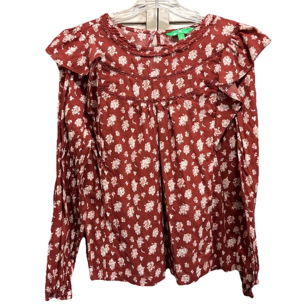 Dip Rust/White Floral Crochet Long Sleeve Blouse Size M Keyhole Ruffle Boho